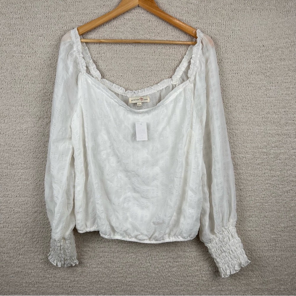 Penelope‎ Rose Top Womens Large Ivory Square Neck Smocked Cuffs Blouse